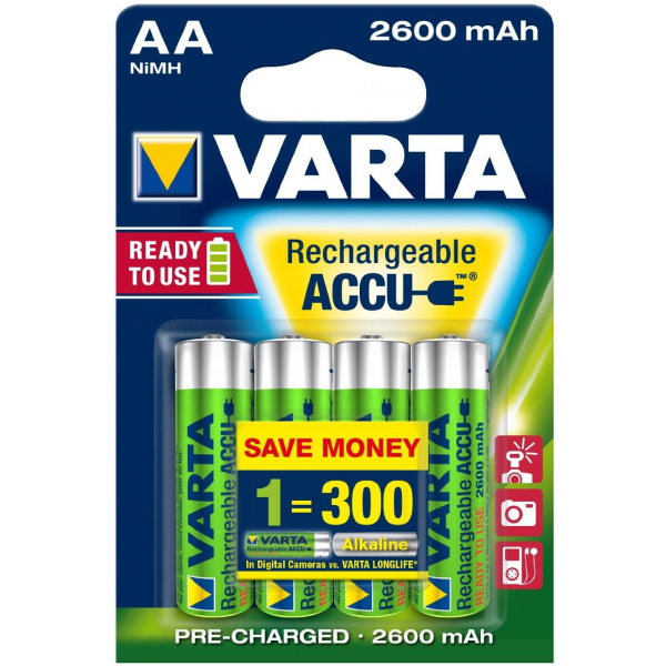 4 piles rechargeables accu VARTA AA LR6 1.2V 2600mAh
