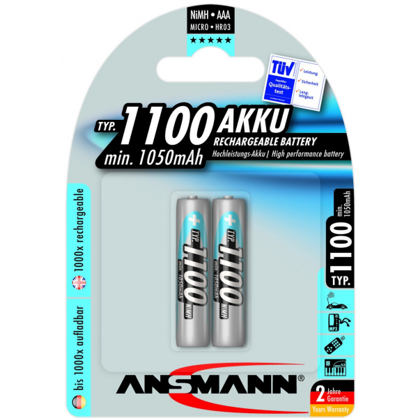 2 piles rechargeables accu ANSMANN AAA LR03 1.2V 1100mAH