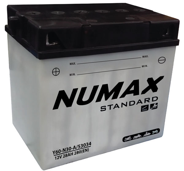 Batterie moto Numax Standard avec pack acide Y60N30 / 53034 12V 28Ah 280A